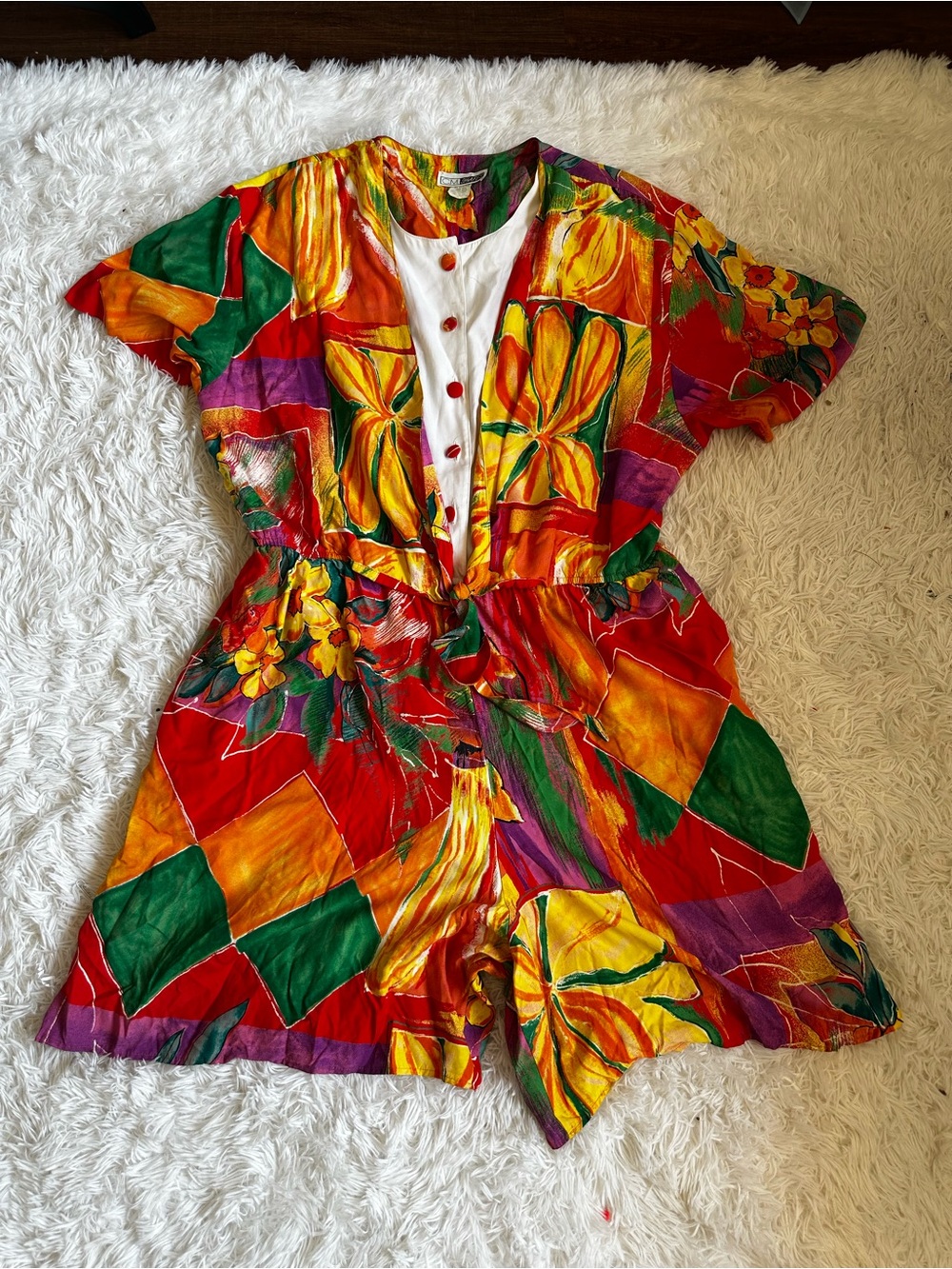 90s Vintage Colorful Floral Patchwork Women's Romper 3X - Picture 1 of 16
